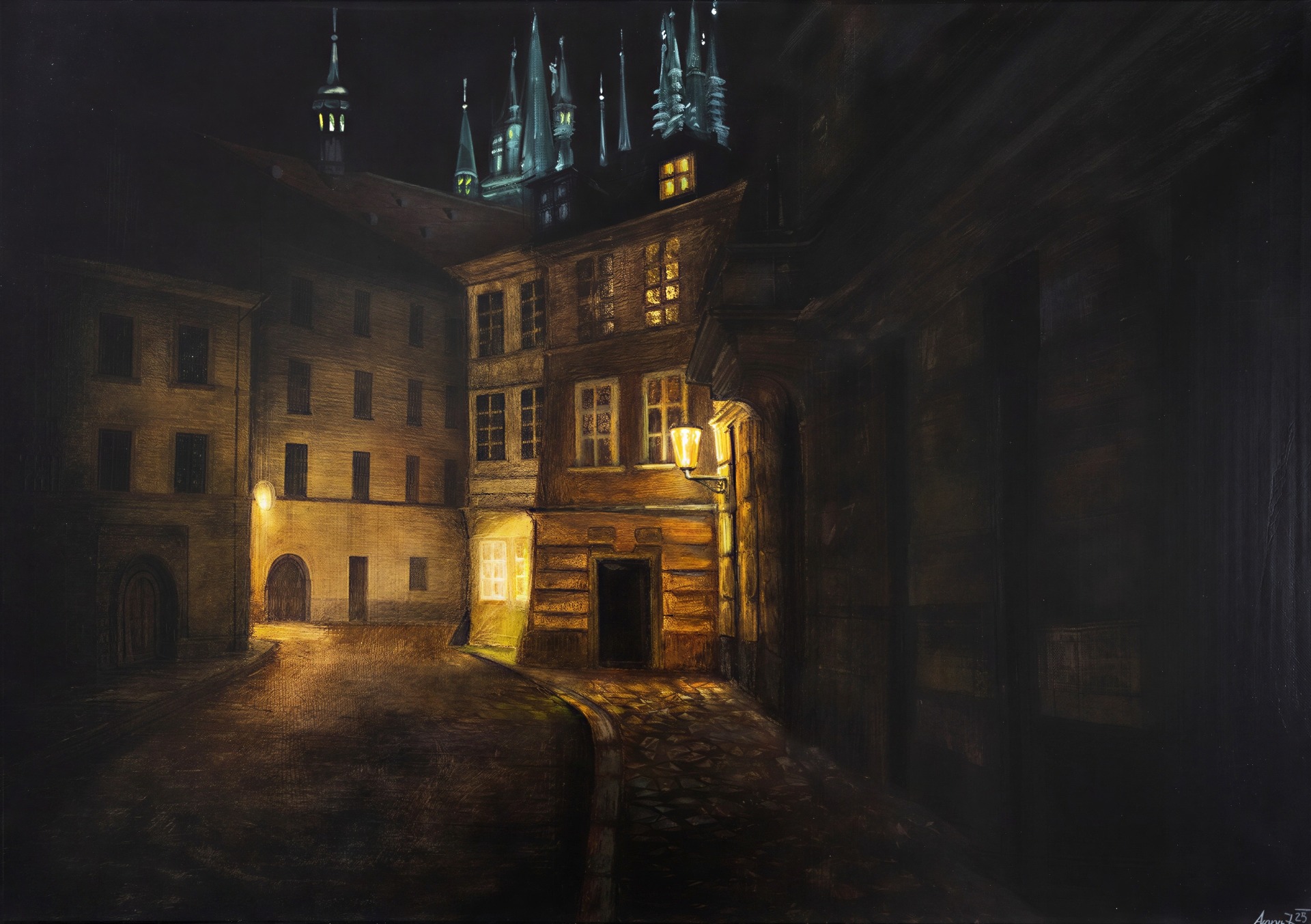 ,,Týnská", akvarel a akryl na plátně, 70 × 50 cm.