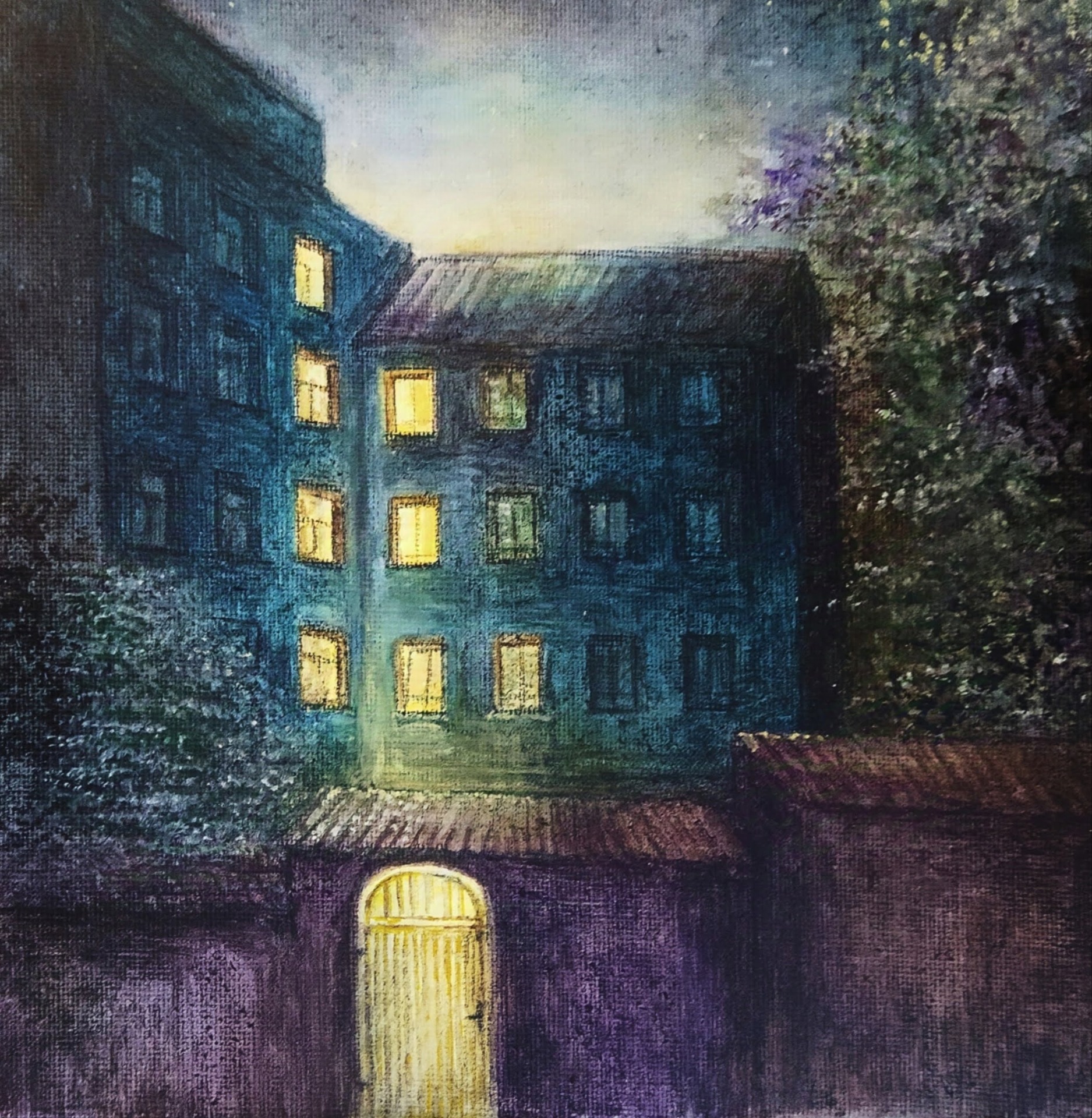 ,, Modrá", akvarel na plátně, 20 × 20 cm.