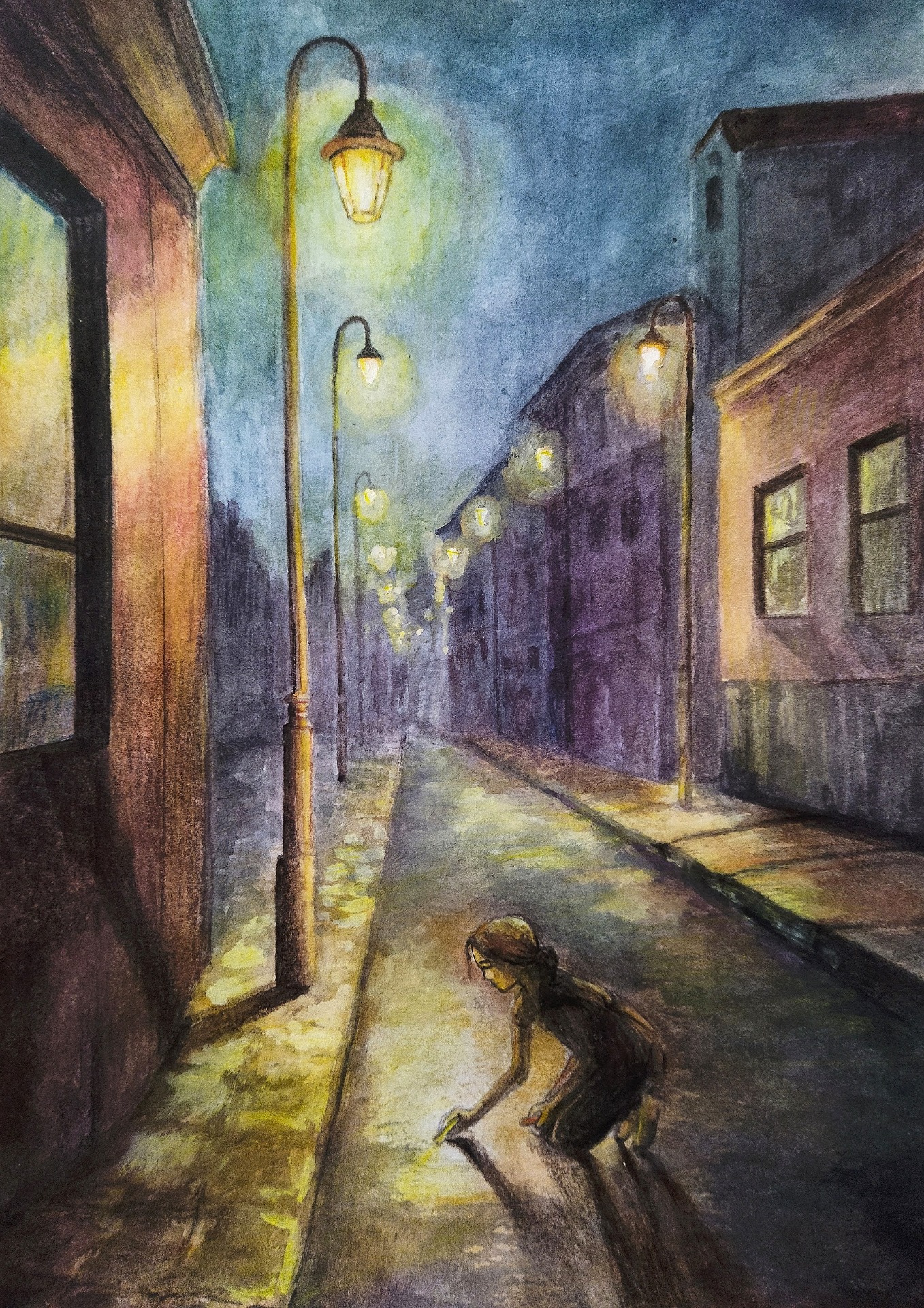 ,, Dívka pod lampou", akvarel na papíře, 21 × 29,7 cm.